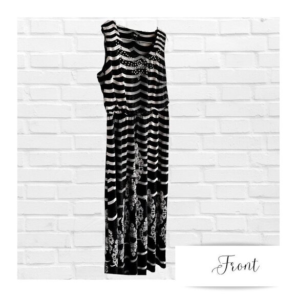 Style & Co 1X Empire Waist Maxi Dress Black White Metallic Stud Geometric Stripe - Picture 5 of 8